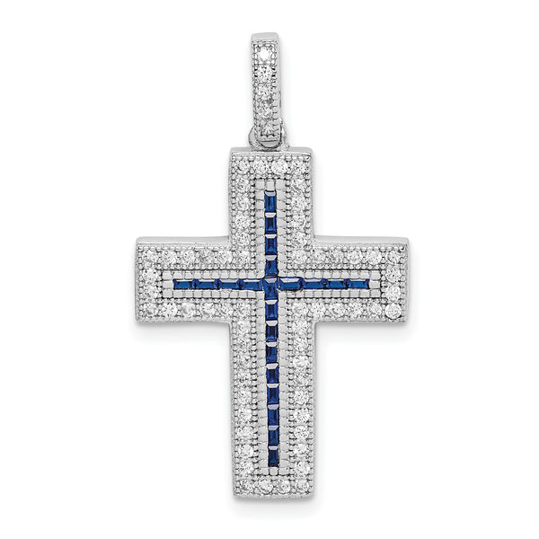 Carat in Karats Sterling Silver Polished Finish Rhodium-Plated CZ Lab Lab-Grown Blue Spinel Cross Charm Pendant (27.03 mm x 18.58 mm)