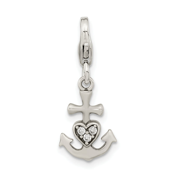 Carat in Karats Sterling Silver Antiqued Cubic Zirconia Anchor With Heart With Fancy Lobster Clasp Charm Pendant (0.96 Inch x 0.37 Inch)