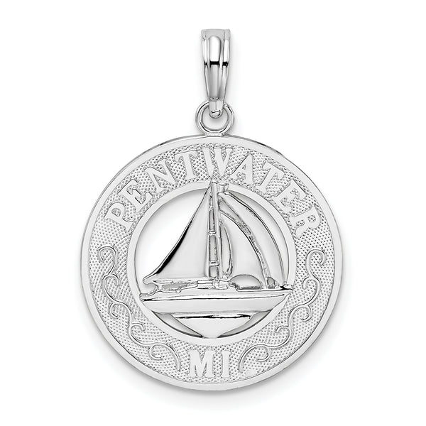"Carat in Karats Sterling Silver Polished Finish Pentwater, Mi Circle With Sailboat Charm Pendant (25.53mm)"