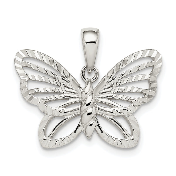 Carat in Karats Sterling Silver Polished Finish Diamond-Cut Butterfly Charm Pendant (16mm x 23.1mm)