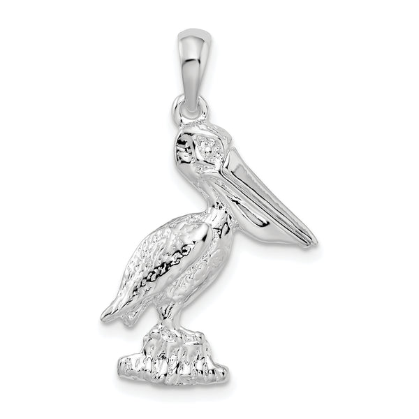 Carat in Karats Sterling Silver Polished Finish Large 3D Standing Moveable Mouth Pelican Charm Pendant (21.6 mm x 15.2 mm)