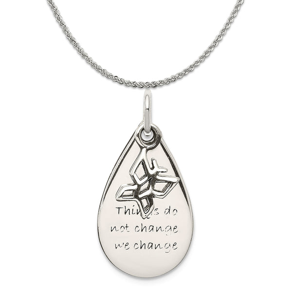 Sterling Silver Things Do Not Change Rain Drop/Butterfly Charm (22mm X 12mm) With A Sterling Silver Rope Chain Necklace 18"