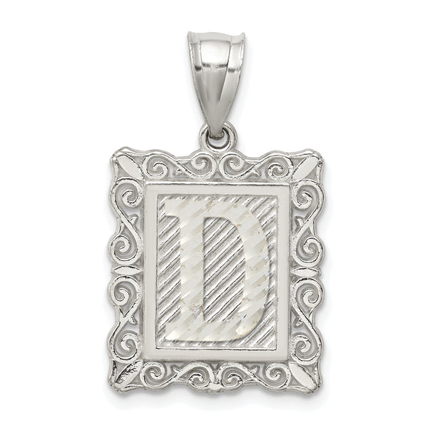 Carat in Karats Sterling Silver Square Diamond-Cut Letter D Initial Charm Pendant (30mm x 18mm)