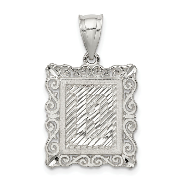 Carat in Karats Sterling Silver Square Diamond-Cut Letter E Initial Charm Pendant (30mm x 18mm)