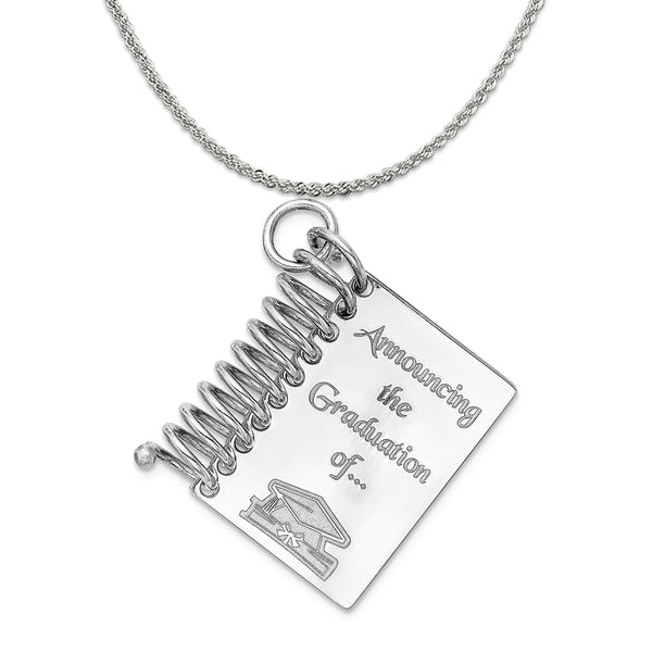 Sterling Silver Personalizable Graduation Book Charm (33mm X 26mm) With A Sterling Silver Rope Chain Necklace 18"