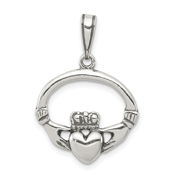Carat in Karats Sterling Silver Antiqued Claddagh Charm Pendant (25mm x 20mm)