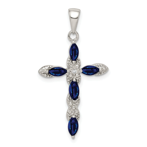 Carat in Karats Sterling Silver Polished Finish Rhodium-Plated Sapphire And Diamond Cross Charm Pendant (32mm x 18mm)