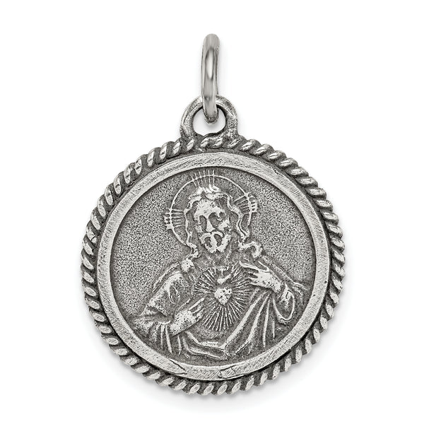 Carat in Karats Sterling Silver Antiqued Sacred Heart Of Jesus Medal Charm Pendant (27.34mm x 20mm)