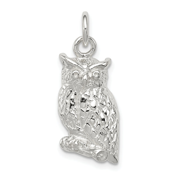 Carat in Karats Sterling Silver Polished Finish Textured Perched Owl Charm Pendant (20.45 mm x 10.7 mm)