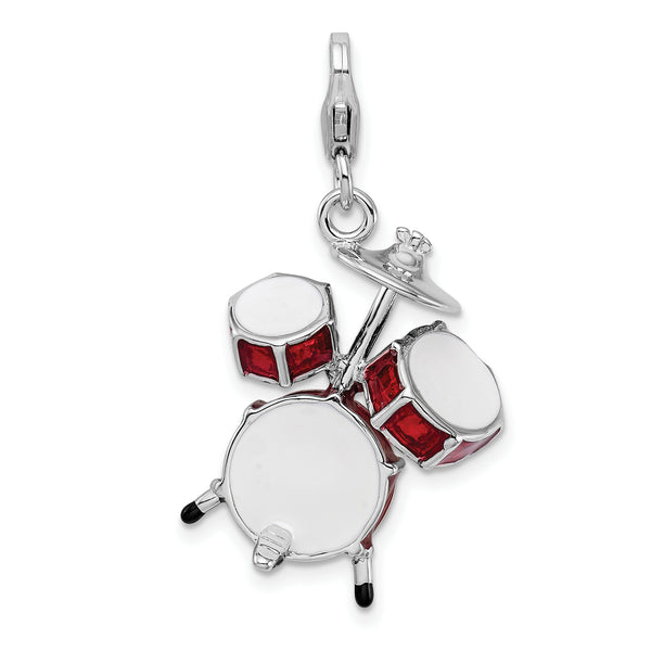 Carat in Karats Sterling Silver Polished Finish Rhodium-Plated 3-D Enameled Drum Set Charm With Fancy Lobster Clasp Pendant (43mm x 20mm)