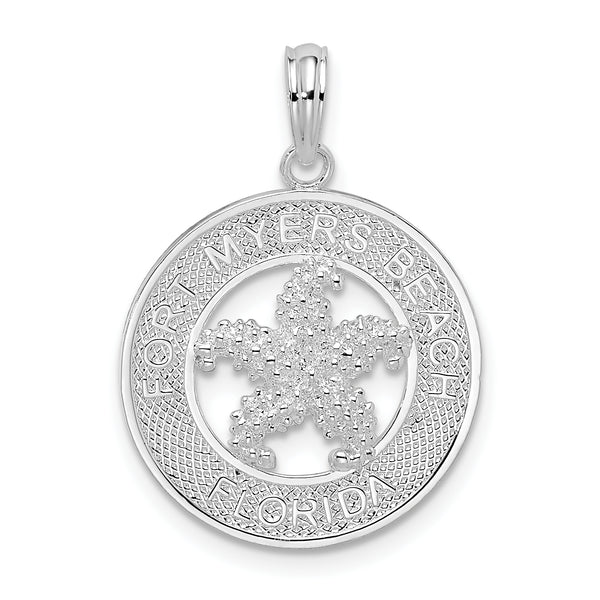 "Carat in Karats Sterling Silver Polished Finish Fort Myers Beach, Fl Circle With Starfish Charm Pendant (25.42mm)"