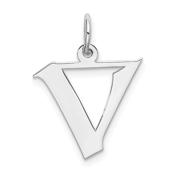 Carat in Karats Sterling Silver Rhodium-Plated Artisan Block Letter V Initial Charm Pendant (21mm x 13-15mm)