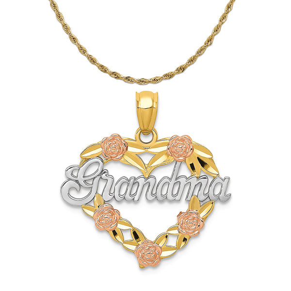14K Two-Tone Gold Two-Tone Rhodium Plated Grandma Heart Pendant (22mm x 20mm) With 10K Yellow Gold Lightweight Rope Chain 18"