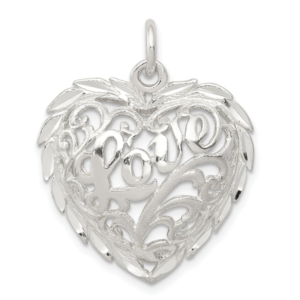 Carat in Karats Sterling Silver Polished Finish Diamond-Cut Heart Charm Pendant (22mm x 22mm)