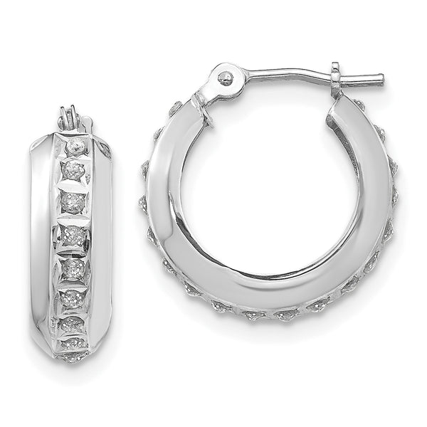 Carat in Karats 14K White Gold Diamond Fascination Round Hinged Hoop Earrings (14mm x 5mm)