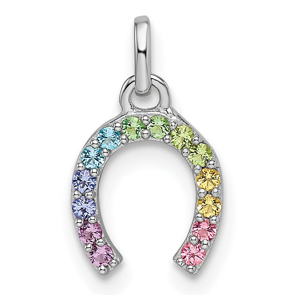 Carat in Karats Sterling Silver Polished Rhodium-Plated Rainbow Nano Crystal Horseshoe Charm Pendant (0.54 Inch x 0.31 Inch)