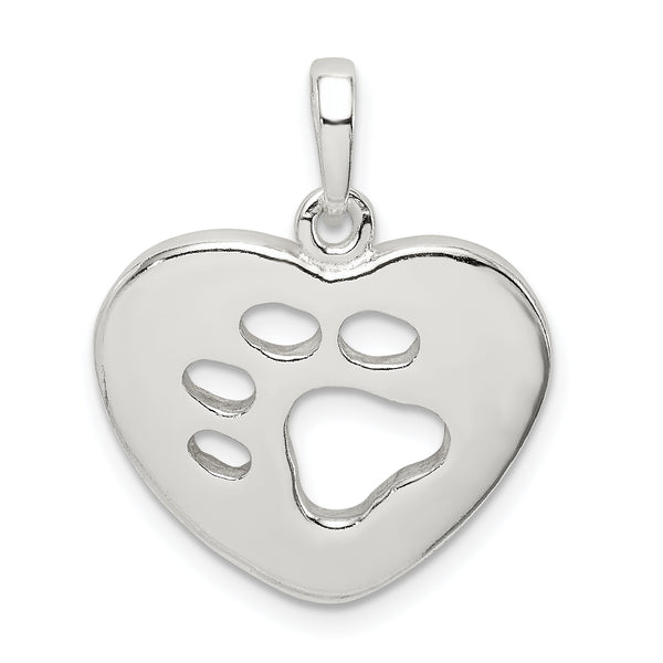 Carat in Karats Sterling Silver Polished Finish Heart With Paw Print Charm Pendant (26mm x 19mm)