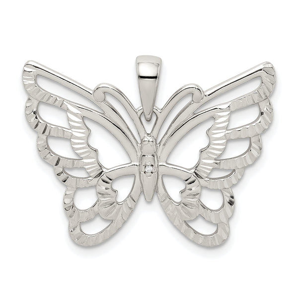 Carat in Karats Sterling Silver Polished Finish Diamond-Cut Butterfly Charm Pendant (21.95mm x 28.42mm)