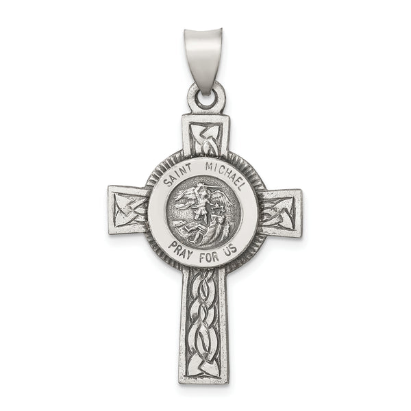 "Carat in Karats Sterling Silver Antiqued, Textured And St. Michael Charm Pendant (37.88mm)"