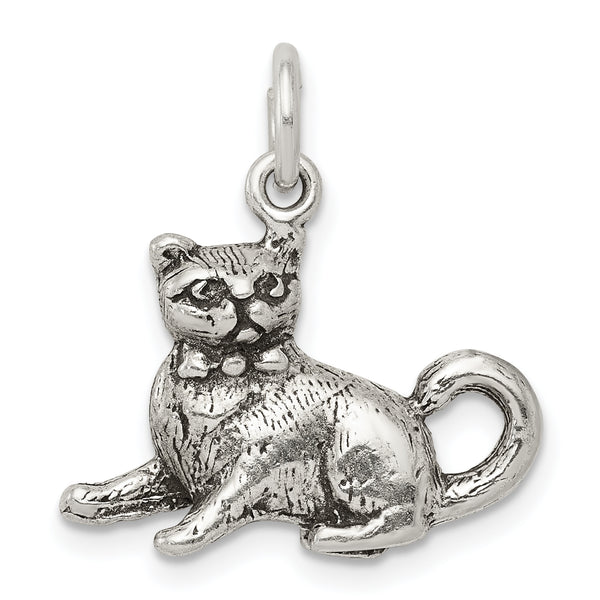 Carat in Karats Sterling Silver Antiqued Cat Charm Pendant (22mm x 19mm)