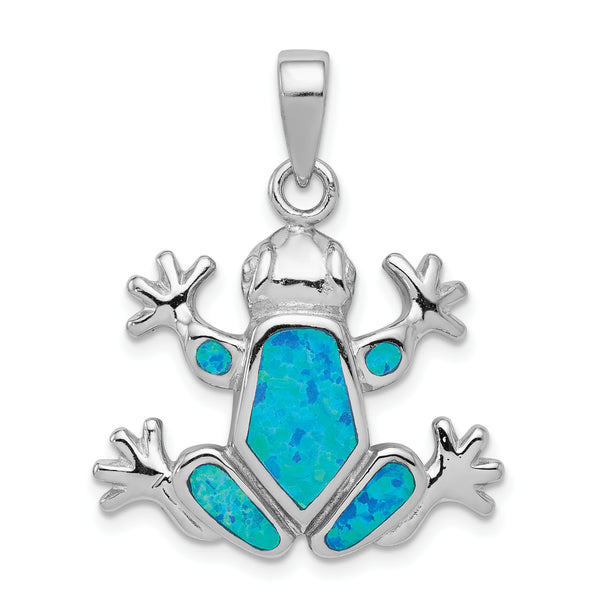 Carat in Karats Sterling Silver Polished Finish Blue Inlay Created Opal Frog Charm Pendant (24mm x 25mm)