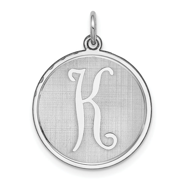 Carat in Karats Sterling Silver Rhodium-Plated Brocaded Letter K Initial Charm Pendant (27mm x 20mm)
