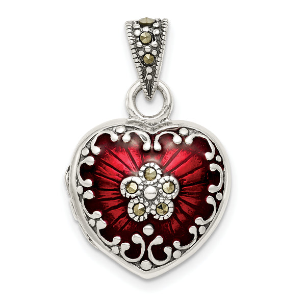 Carat in Karats Sterling Silver Polished Antiqued Finish Red Enamel And Marcasite Heart Locket Pendant (25.85mm x 16.75mm)