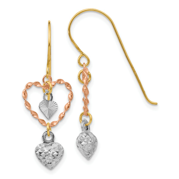 Carat in Karats 14K Tri-Color Diamond Cut Heart Dangle Earrings (29mm x 11mm)