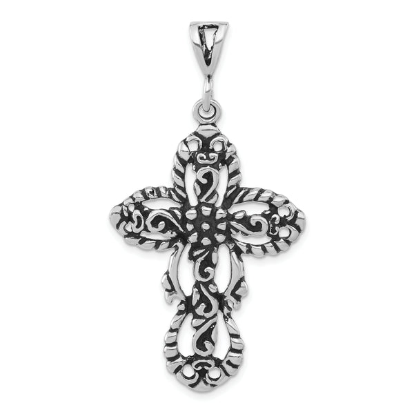 Carat in Karats Sterling Silver Polished Antiqued Finish Floral Cut-Out Cross Charm Pendant (2.19 Inch x 1.15 Inch)