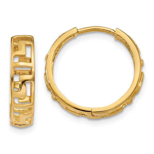 Carat in Karats 14K Yellow Gold Greek Key Hinged Hoop Earrings (15mm x 16mm)