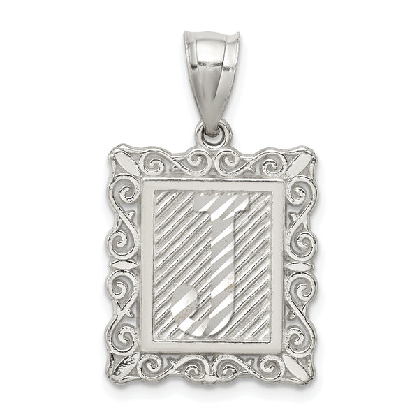 Carat in Karats Sterling Silver Square Diamond-Cut Letter J Initial Charm Pendant (30mm x 18mm)