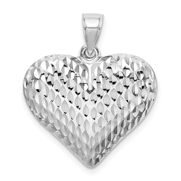 Carat in Karats Sterling Silver Polished Finish Rhodium-Plated Diamond-Cut Puffed Heart Charm Pendant (21mm x 23mm)