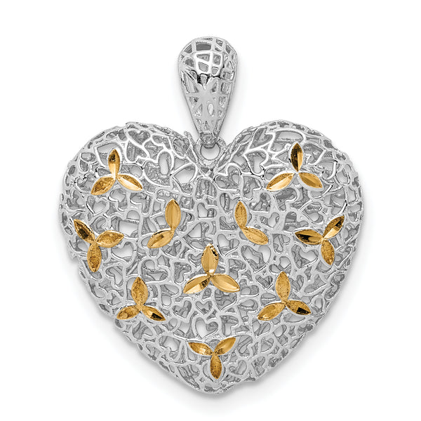 Carat in Karats Sterling Silver Polished Finish Rhodium-Plated Gold -Tone Diamond-Cut Hollow Heart Charm Pendant (23.02mm)