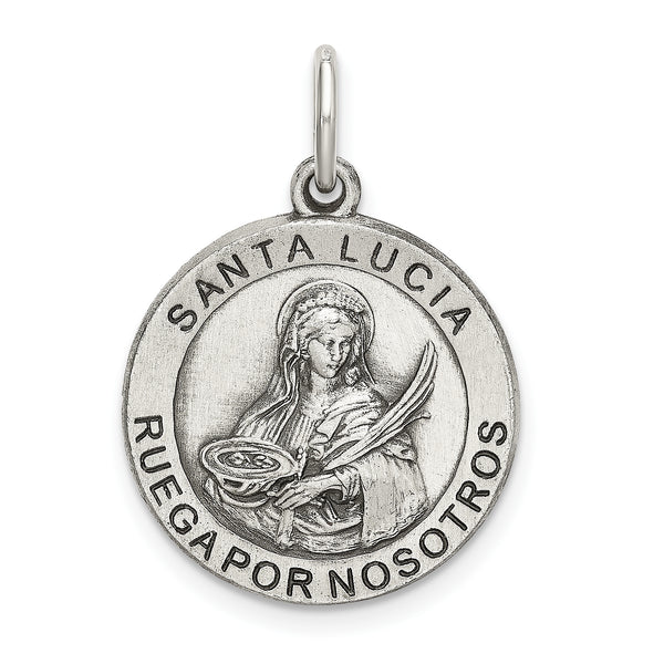 Carat in Karats Sterling Silver Satin Antiqued Spanish St. Lucy Medal Pendant (1.1 Inches x Inches 0.75)