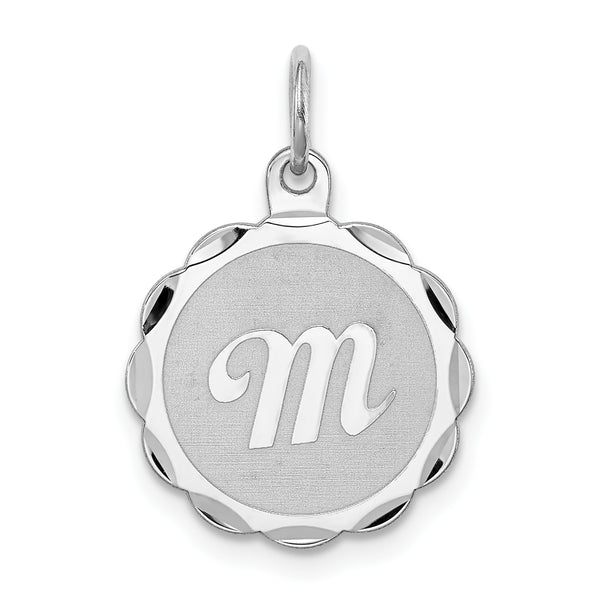 Carat in Karats Sterling Silver Rhodium-Plated Brocaded Letter M Initial Charm Pendant (0.86 Inch x 0.62 Inch)