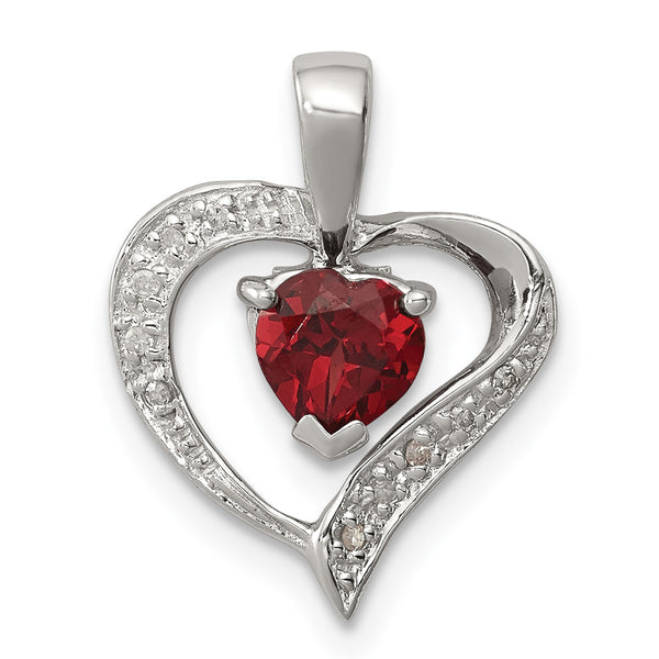 Carat in Karats Sterling Silver Polished Finish Rhodium-Plated Heart Garnet Diamond Heart Charm Pendant (17mm x 13mm)