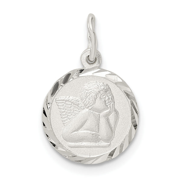 Carat in Karats Sterling Silver Polished Satin And Diamond-Cut Cherub Circle Charm Pendant (0.76 Inch x 0.47 Inch)