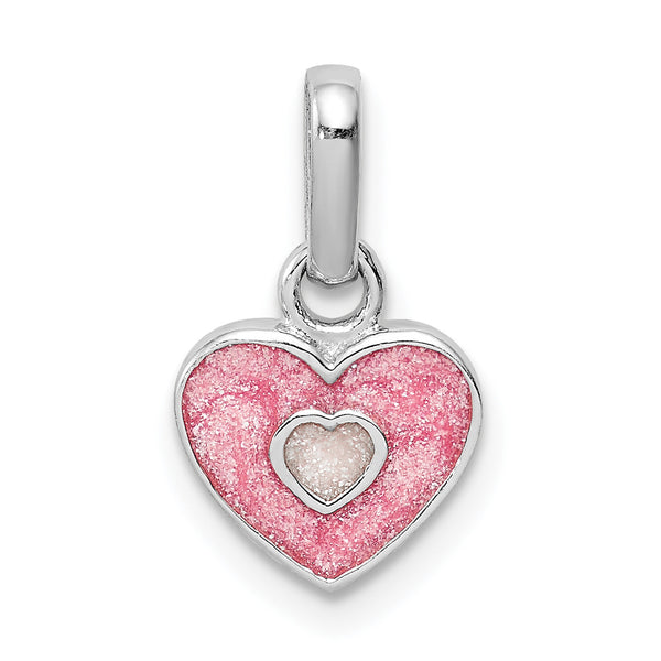 Sterling Silver Anti-Tarnish Treated Dainty Pink Glittered Enamel Heart Pendant