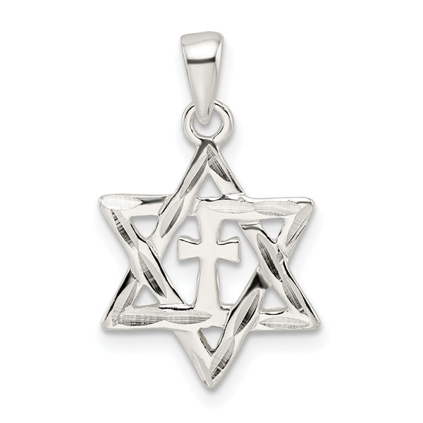 Carat in Karats Sterling Silver Polished And Diamond-Cut Star Of David With Cross Charm Pendant (0.97 Inch x 0.58 Inch)