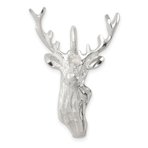 Carat in Karats Sterling Silver Polished Finish Diamond Cut Deer Head Charm Pendant (33mm x 27mm)