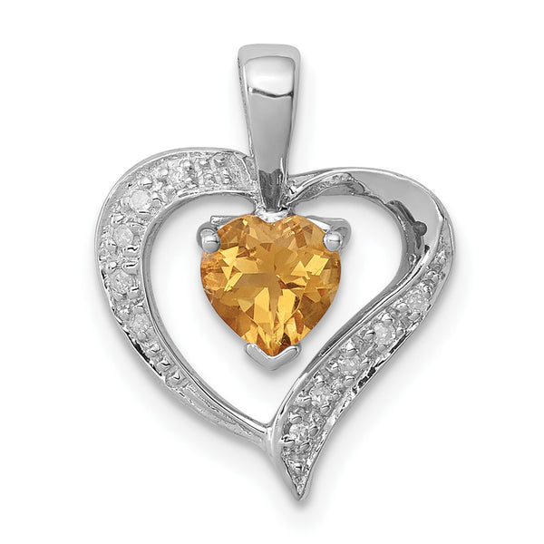 Carat in Karats Sterling Silver Polished Finish Rhodium-Plated Heart Citrine Diamond Heart Charm Pendant (18 mm x 14 mm)