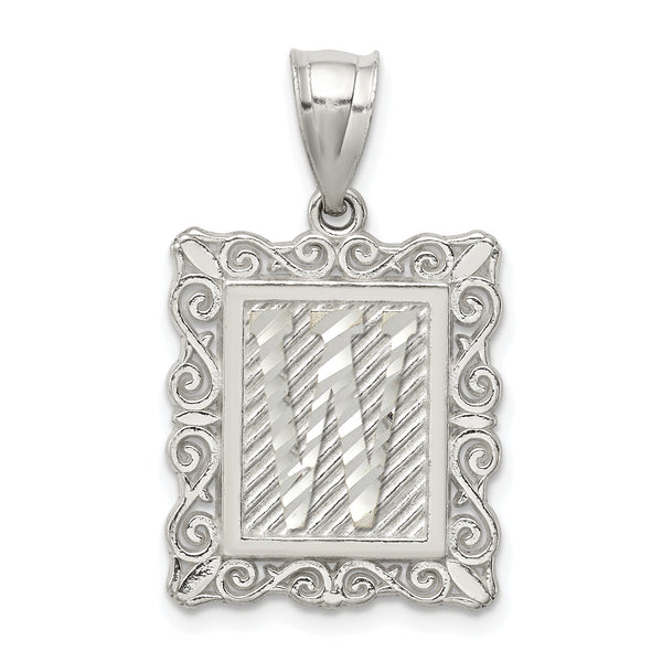 Carat in Karats Sterling Silver Square Diamond-Cut Letter W Initial Charm Pendant (1.18 Inch x 0.7 Inch)