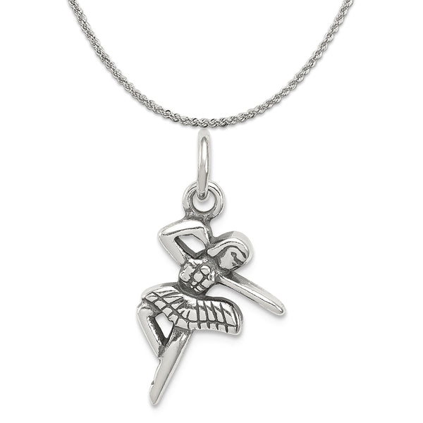 Sterling Silver Antique Ballerina Charm (20mm X 13mm) With A Sterling Silver Rope Chain Necklace 16"