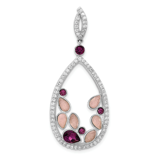 "Carat in Karats Sterling Silver Polished Finish Fancy Purple Crystal, Pink Glass CZ Teardrop Charm Pendant (49mm x 20.25mm)"