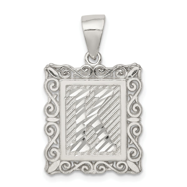 Carat in Karats Sterling Silver Square Diamond-Cut Letter K Initial Charm Pendant (30mm x 18mm)