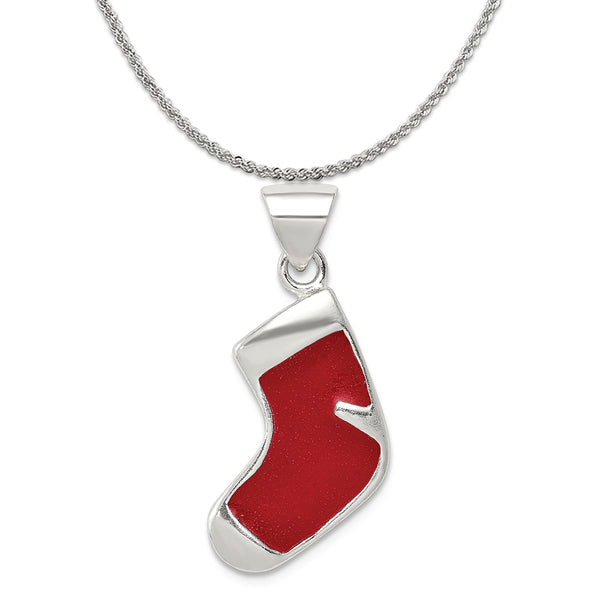 Sterling Silver Enameled Christmas Stocking Charm (25mm X 10mm) With A Sterling Silver Rope Chain Necklace 18"