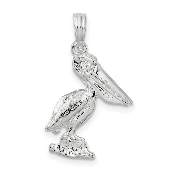 Carat in Karats Sterling Silver Polished Finish Small 3D Standing Moveable Mouth Pelican Charm Pendant (18 mm x 12.5 mm)