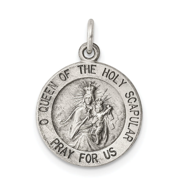 Carat in Karats Sterling Silver Antiqued Queen Of The Holy Scapular Medal Pendant (22mm x 12mm)