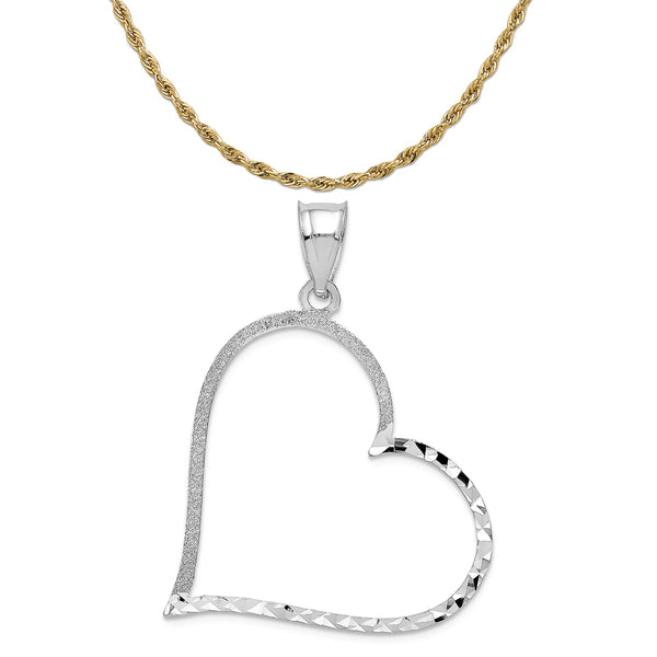 14K White Gold Solid Diamond-Cut Reversible Heart Pendant (38mm x 26mm) With 10K Yellow Gold Lightweight Rope Chain 18"