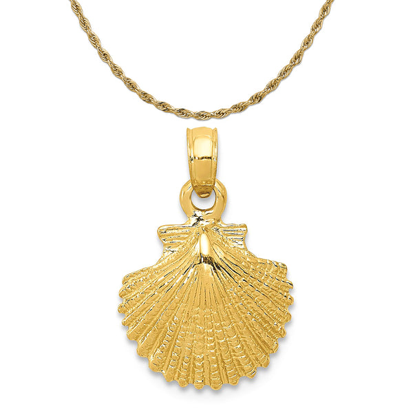 14K Yellow Gold Scallop Shell Pendant (19mm x 12mm) With 10K Yellow Gold Lightweight Rope Chain 18"